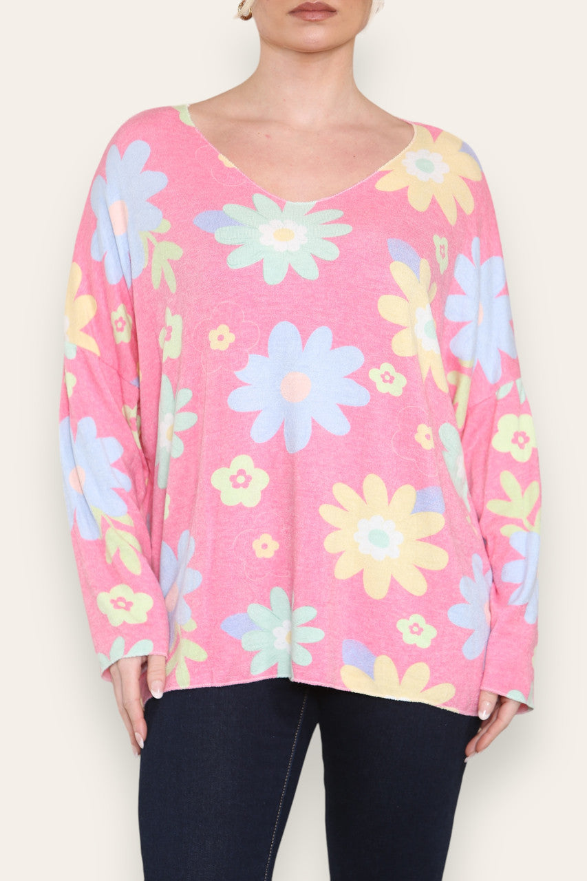 COLOURFUL DAISY FLORAL PRINT FINE KNIT TOP CERISE