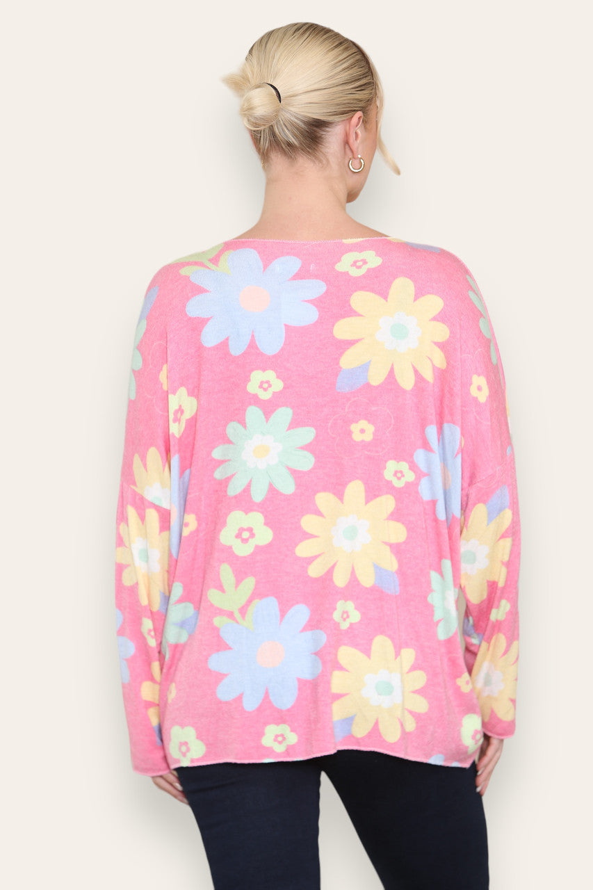 COLOURFUL DAISY FLORAL PRINT FINE KNIT TOP CERISE