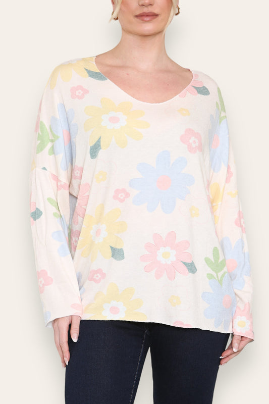 COLOURFUL DAISY FLORAL PRINT FINE KNIT TOP WHITE