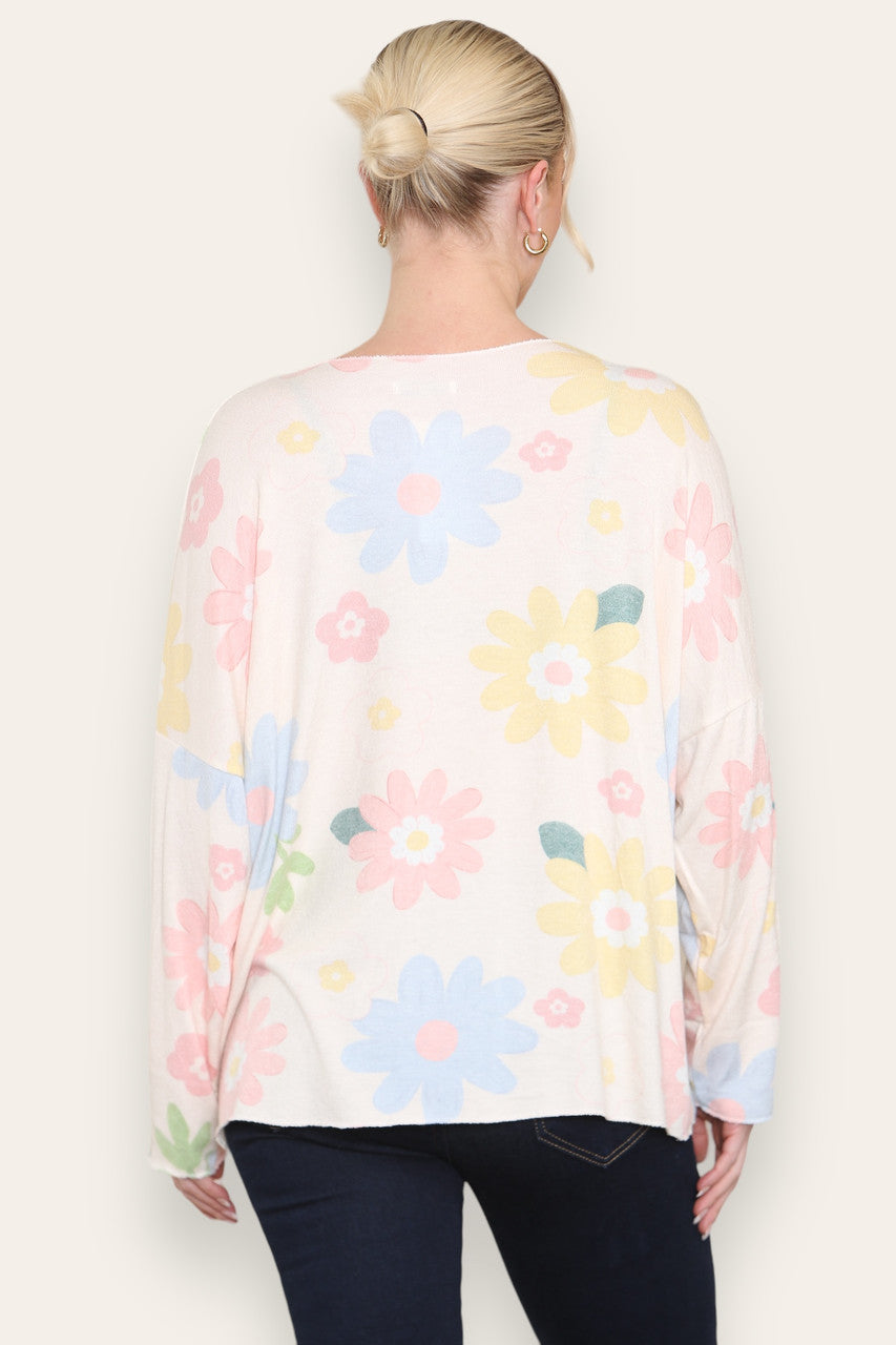 COLOURFUL DAISY FLORAL PRINT FINE KNIT TOP WHITE