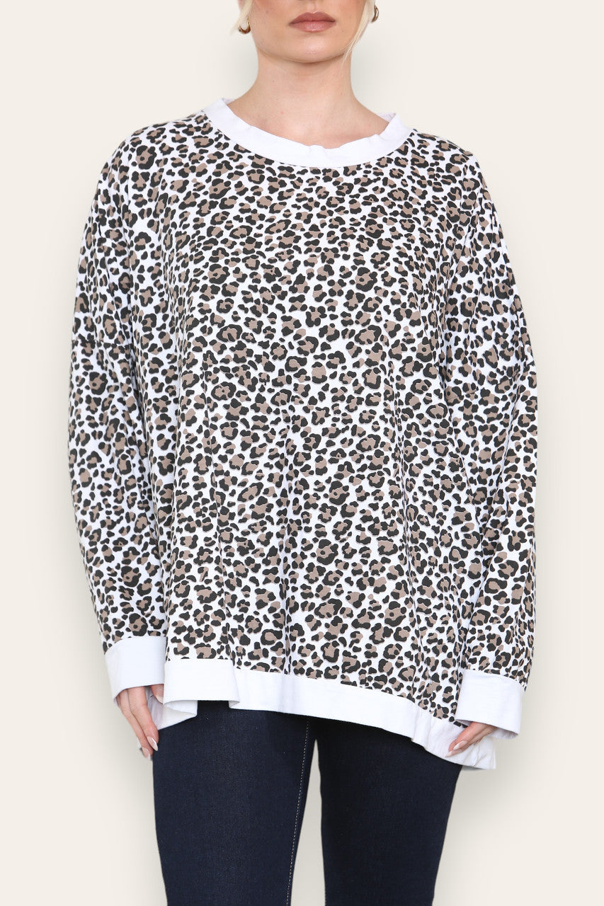 LEOPARD PRINT COTTON SWEATSHIRT TOP WHITE
