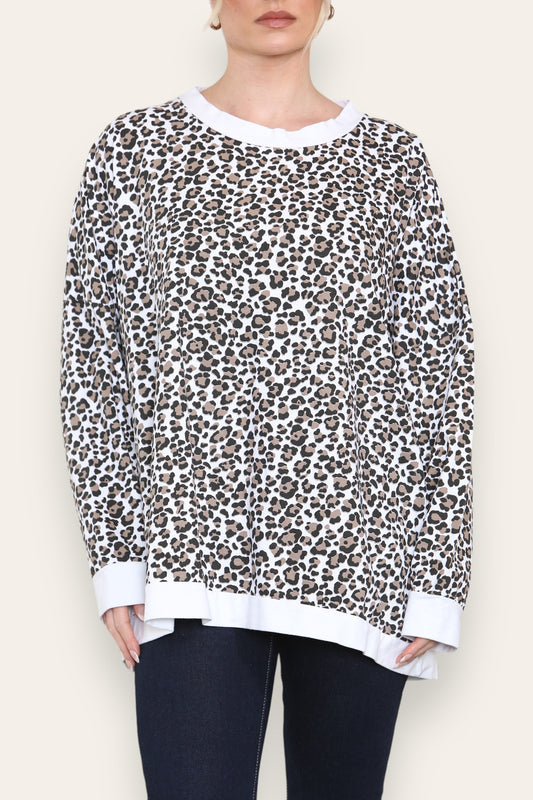KATOENEN SWEATER MET LEOPAARDPRINT TOP WIT