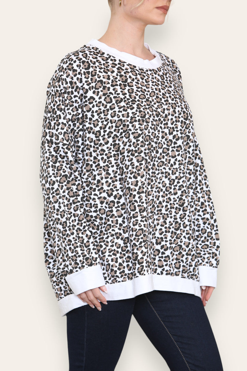 LEOPARD PRINT COTTON SWEATSHIRT TOP WHITE