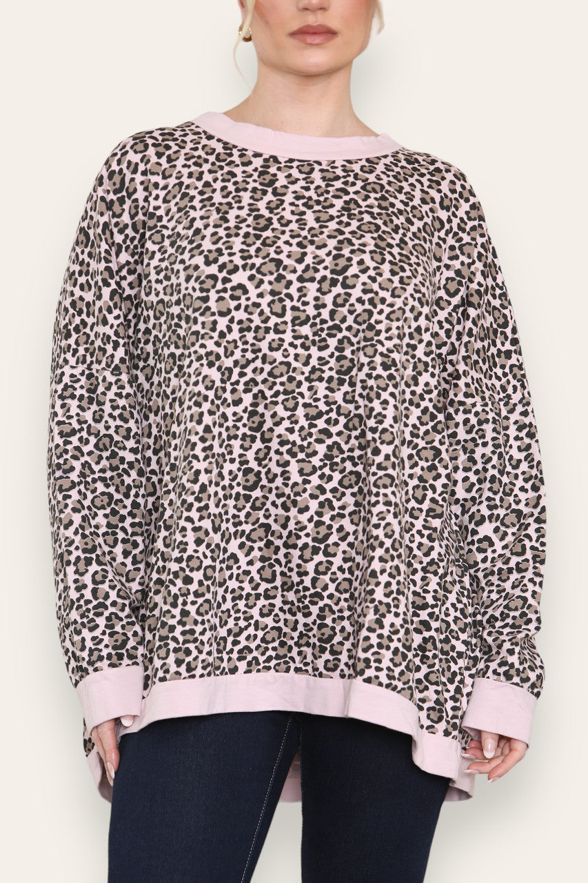 LEOPARD PRINT COTTON SWEATSHIRT TOP DUSTY PINK