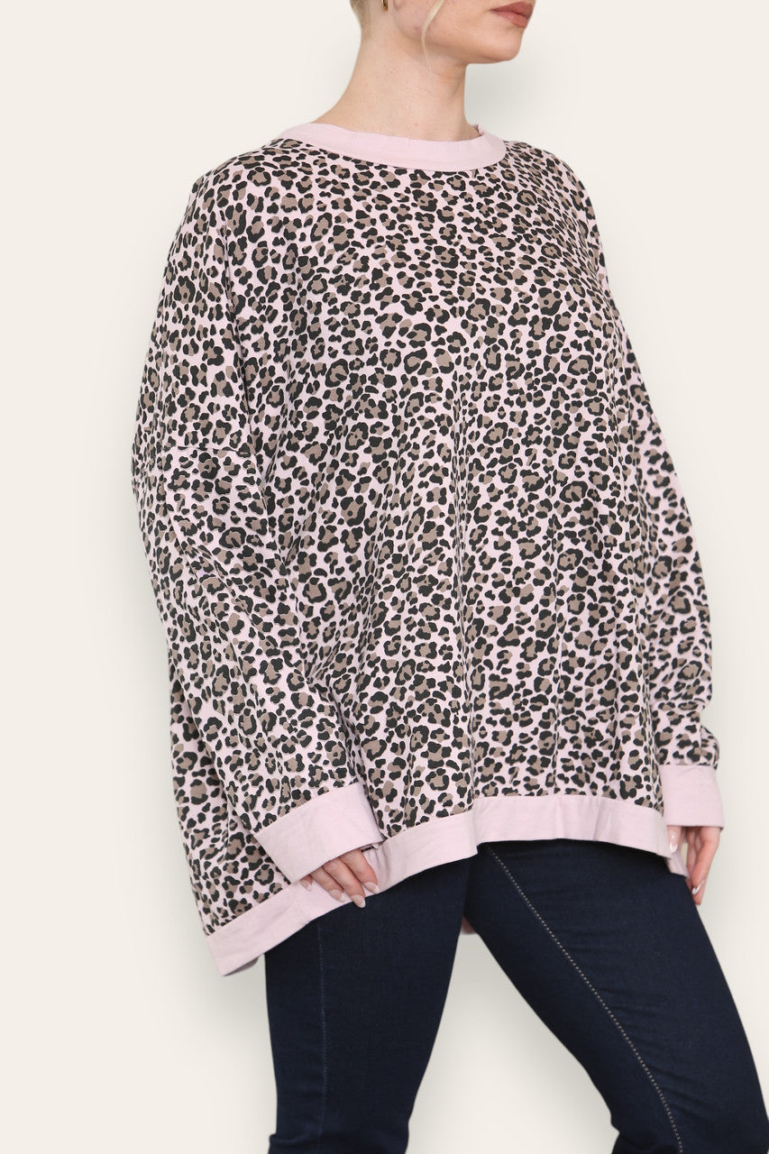 LEOPARD PRINT COTTON SWEATSHIRT TOP DUSTY PINK