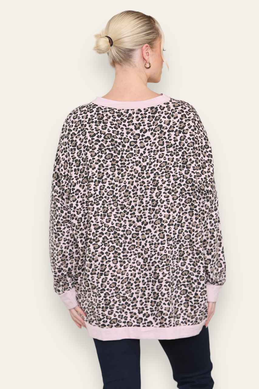 LEOPARD PRINT COTTON SWEATSHIRT TOP DUSTY PINK