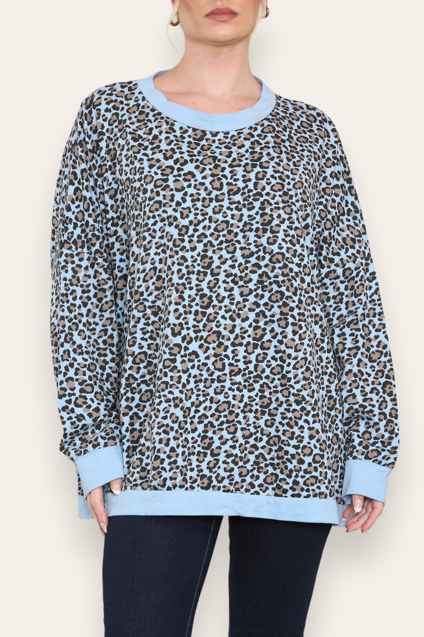 LEOPARD PRINT COTTON SWEATSHIRT TOP LIGHT BLUE