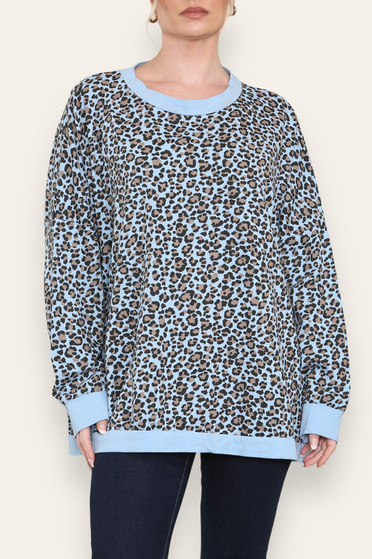 SWEATER MET LEOPARDPRINT VAN KATOEN LICHTBLAUW