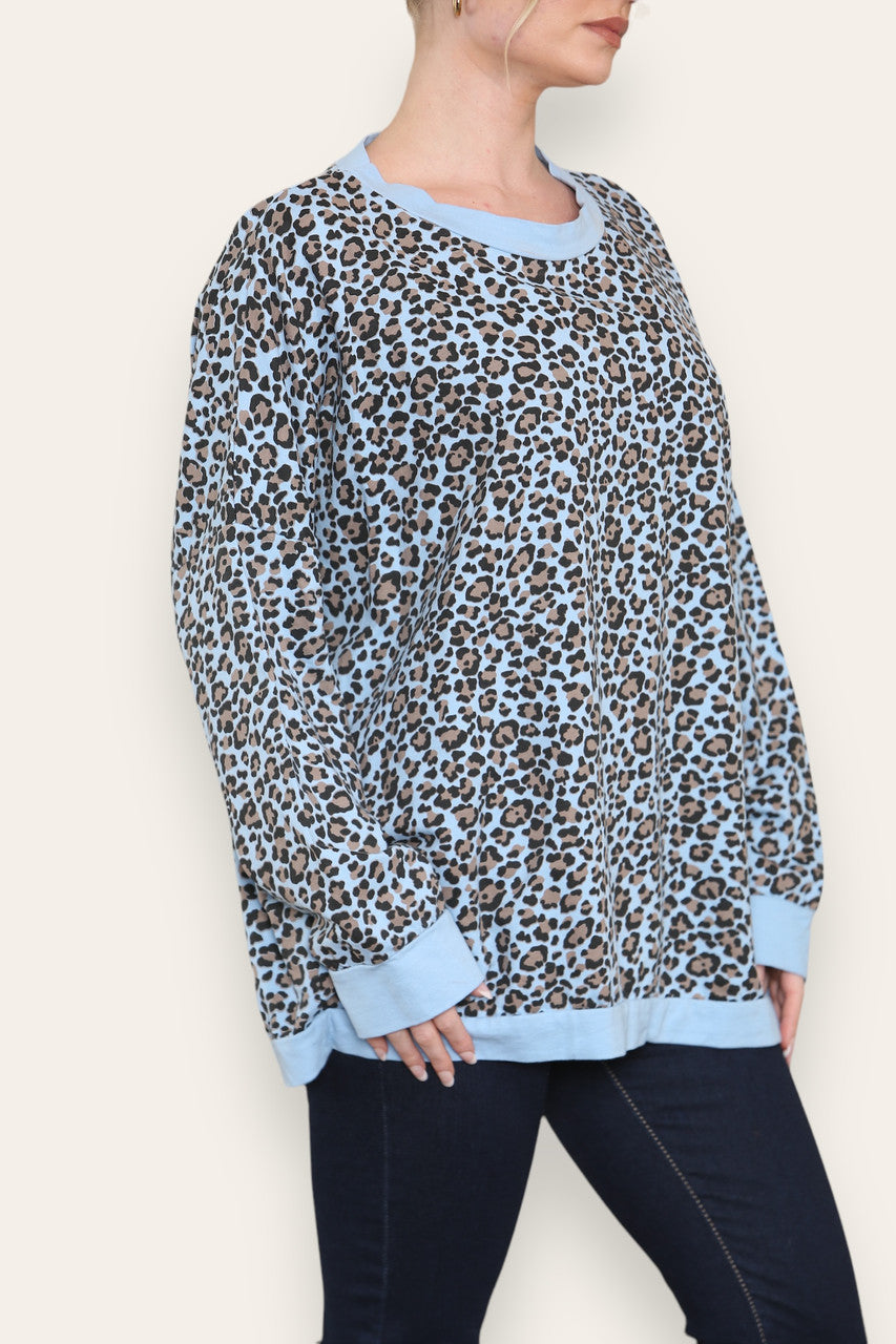 LEOPARD PRINT COTTON SWEATSHIRT TOP LIGHT BLUE