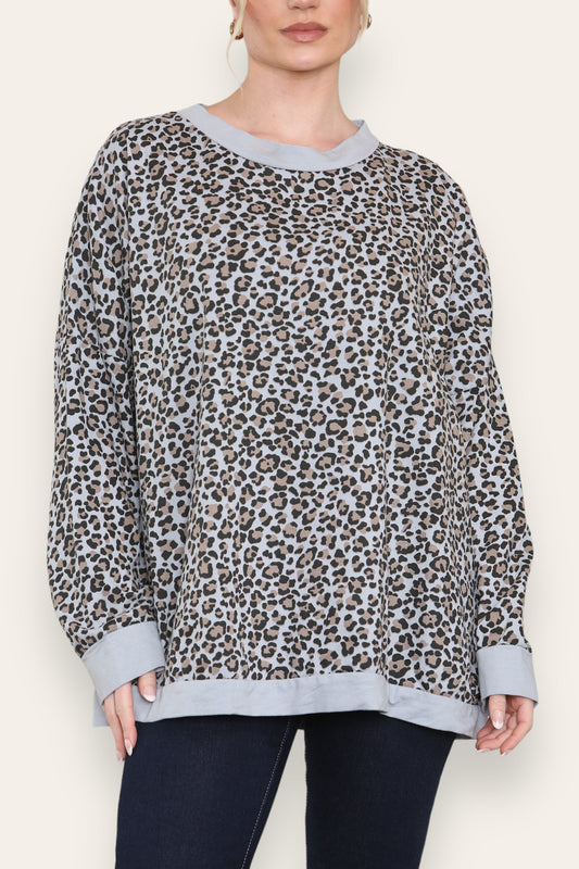 SWEATER VAN KATOEN MET LEOPAARDPRINT GRIJS