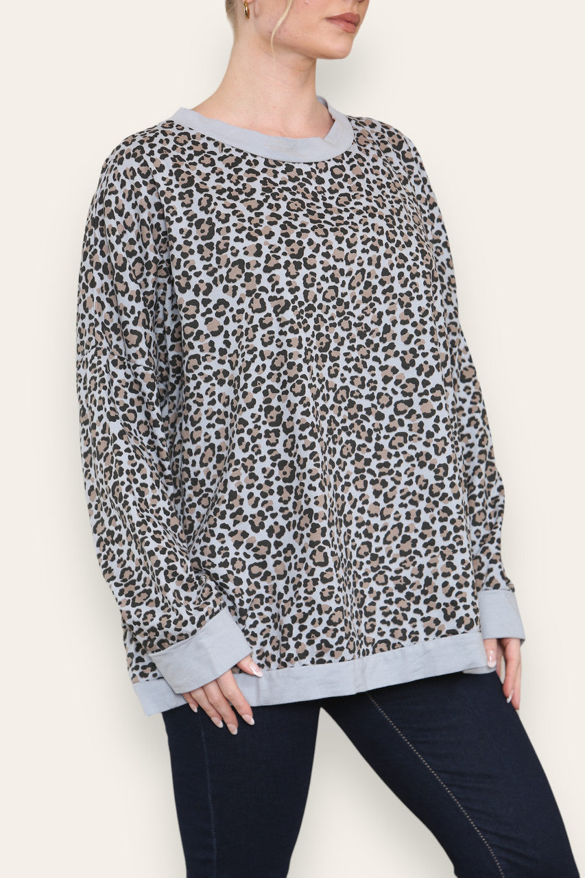 LEOPARD PRINT COTTON SWEATSHIRT TOP GREY