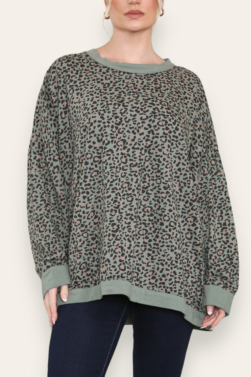 LEOPARD PRINT COTTON SWEATSHIRT TOP KHAKI