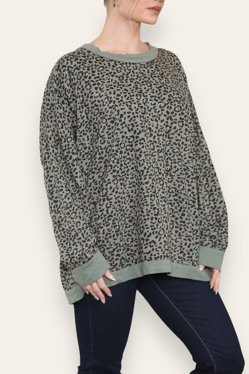 LEOPARD PRINT COTTON SWEATSHIRT TOP KHAKI