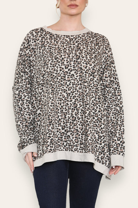 TOP KATOENEN SWEATER MET LEOPAARDPRINT STEENKLEURIG
