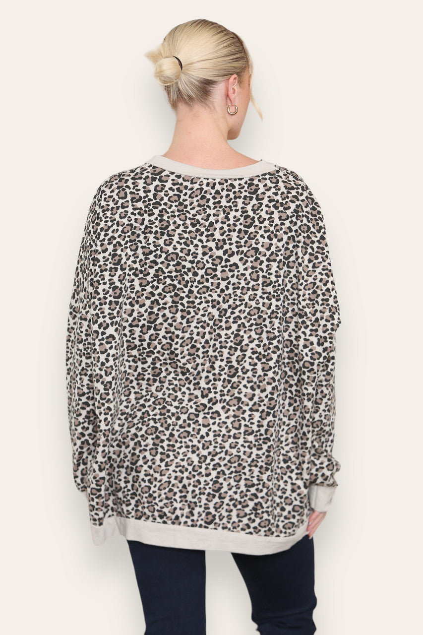 LEOPARD PRINT COTTON SWEATSHIRT TOP STONE