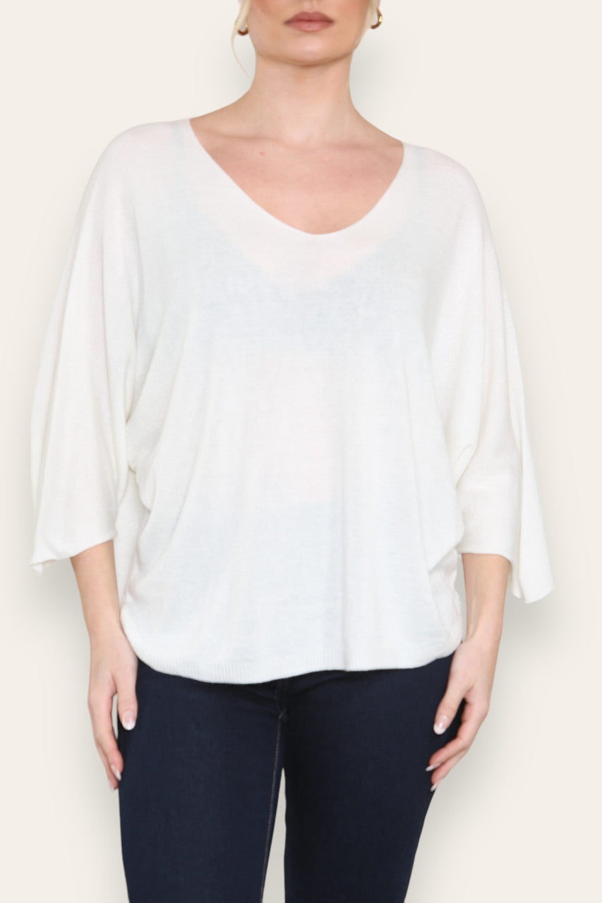 FINE KNIT BATWING TOP WHITE