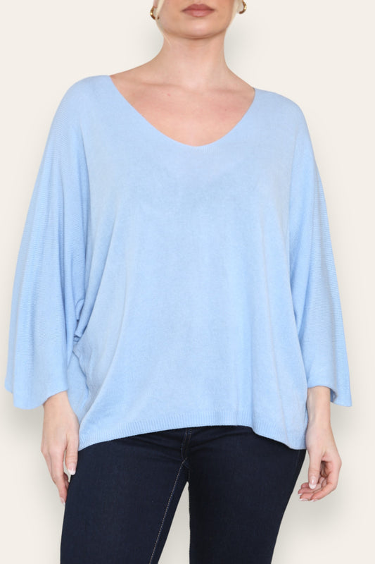 FINE KNIT BATWING TOP LIGHT BLUE