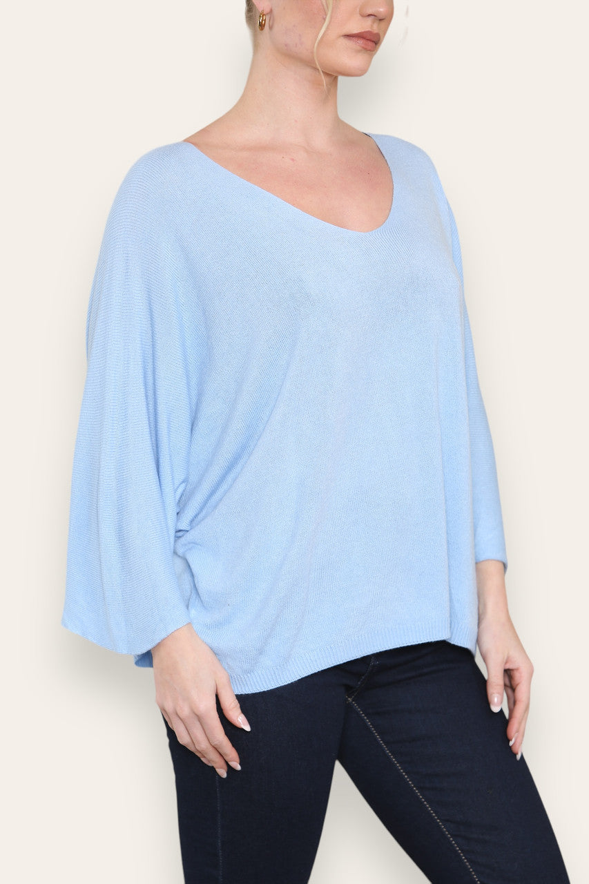 FINE KNIT BATWING TOP LIGHT BLUE