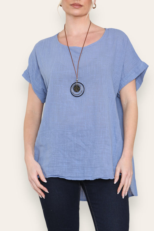 BUTTON BACK DETAIL TOP WITH NECKLACE DENIM