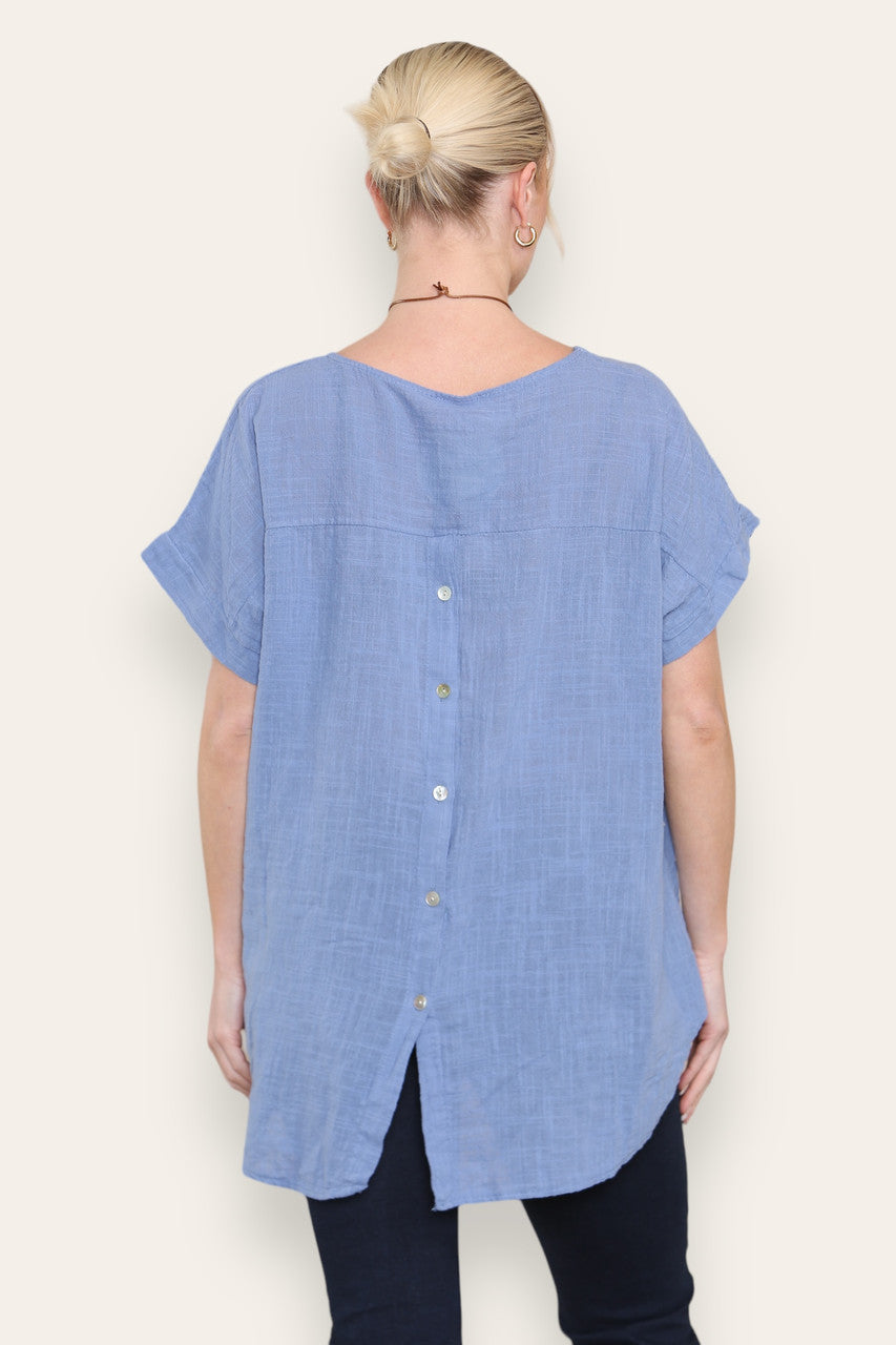BUTTON BACK DETAIL TOP WITH NECKLACE DENIM