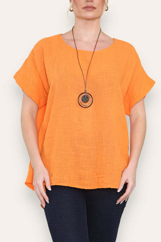 BUTTON BACK DETAIL TOP WITH NECKLACE ORANGE