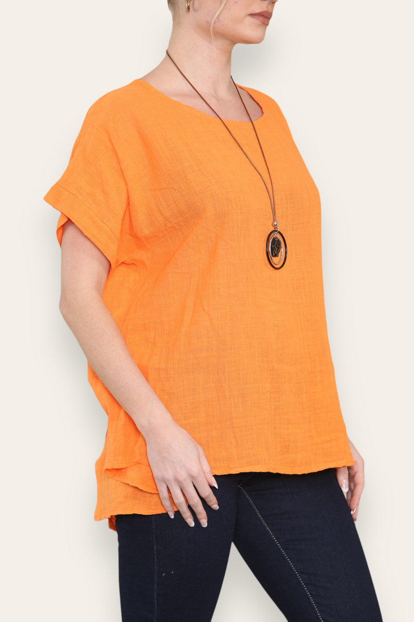 BUTTON BACK DETAIL TOP WITH NECKLACE ORANGE