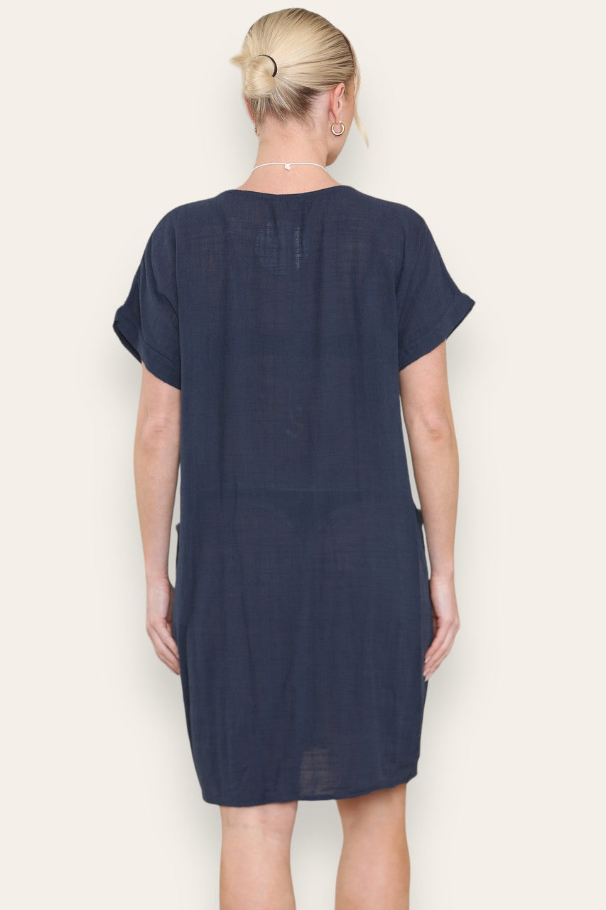 PLAIN TUNIC DRESS WITH POCKETS NAVY