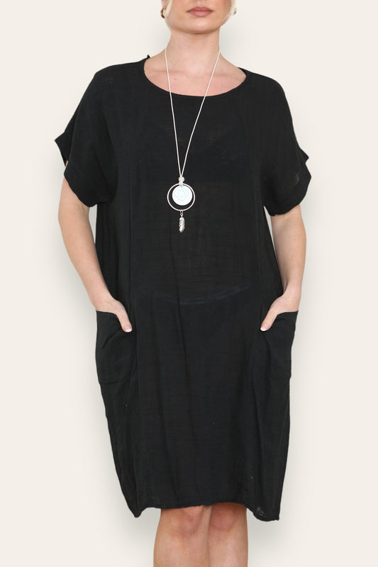 PLAIN TUNIC DRESS WITH POCKETS BLACK