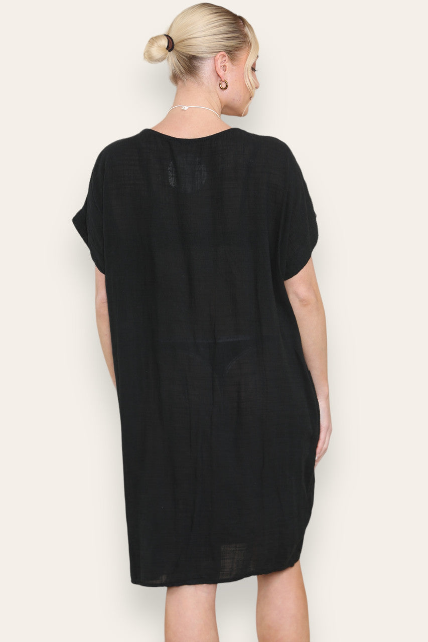 PLAIN TUNIC DRESS WITH POCKETS BLACK