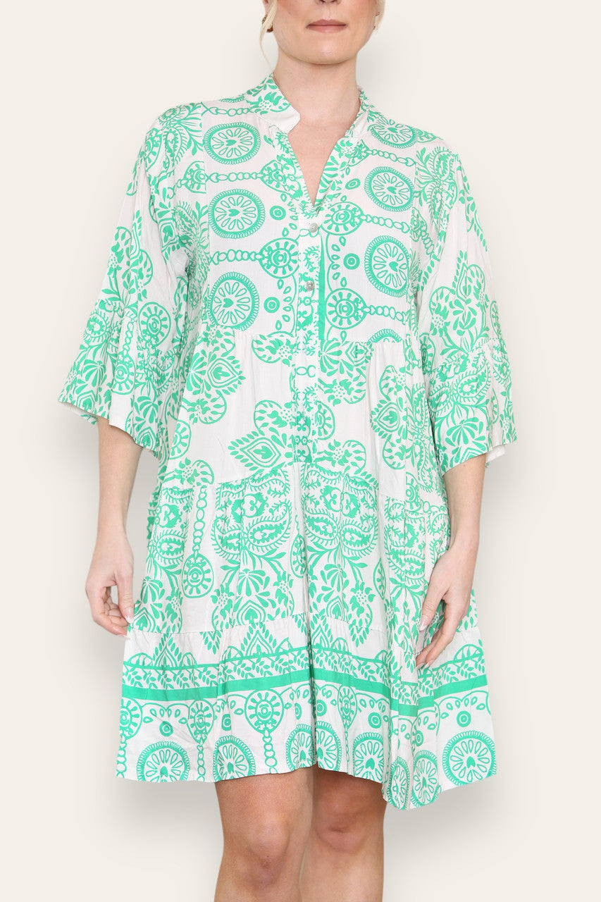 GRECIAN PRINT SHIRT DRESS GREEN
