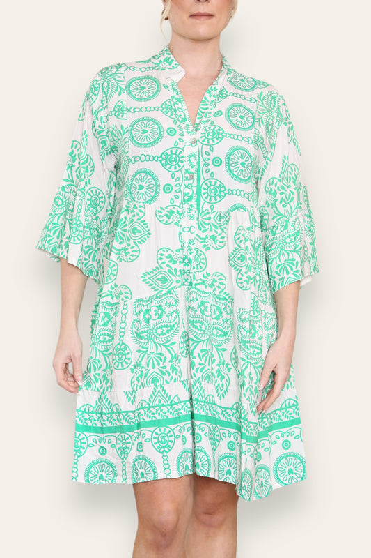 GRECIAN PRINT SHIRT DRESS GREEN