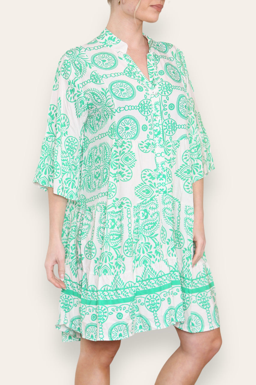 GRECIAN PRINT SHIRT DRESS GREEN