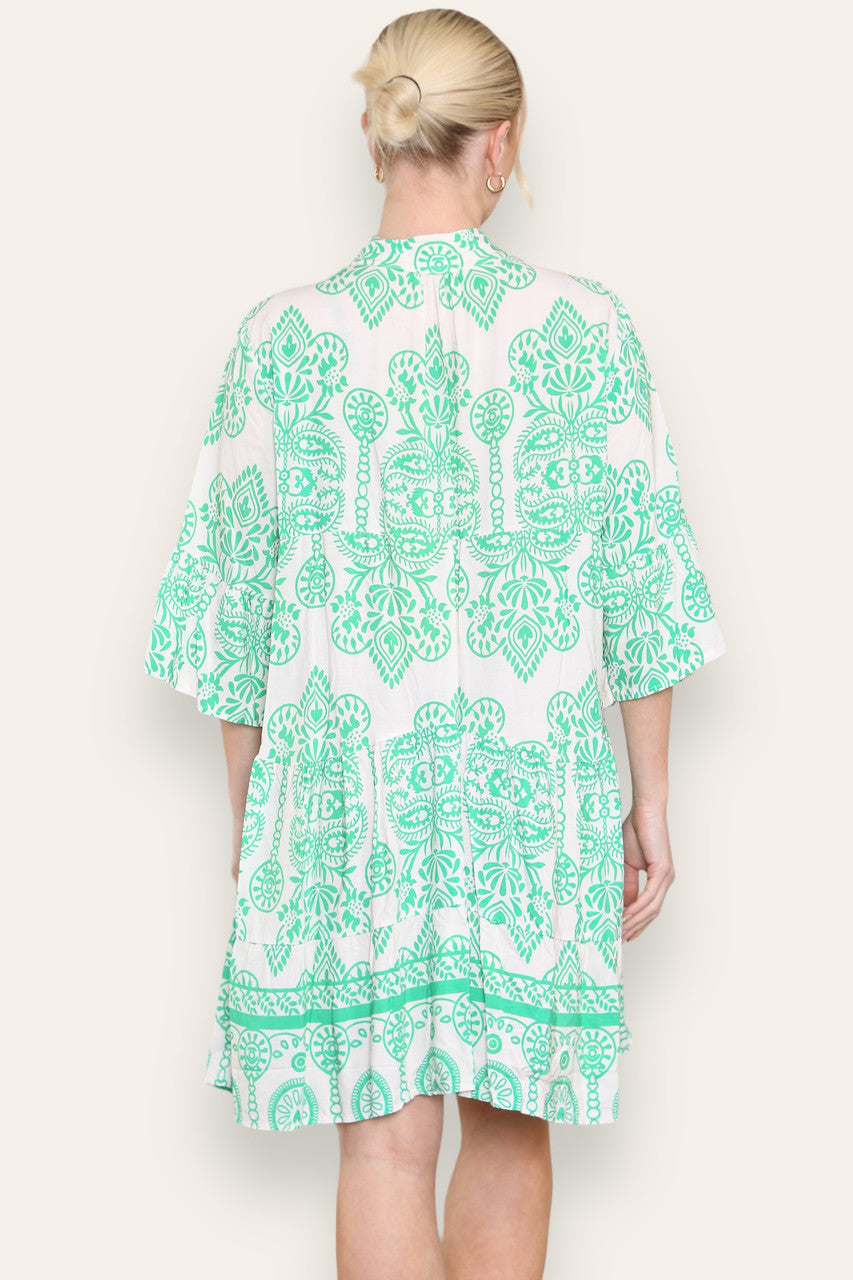 GRECIAN PRINT SHIRT DRESS GREEN