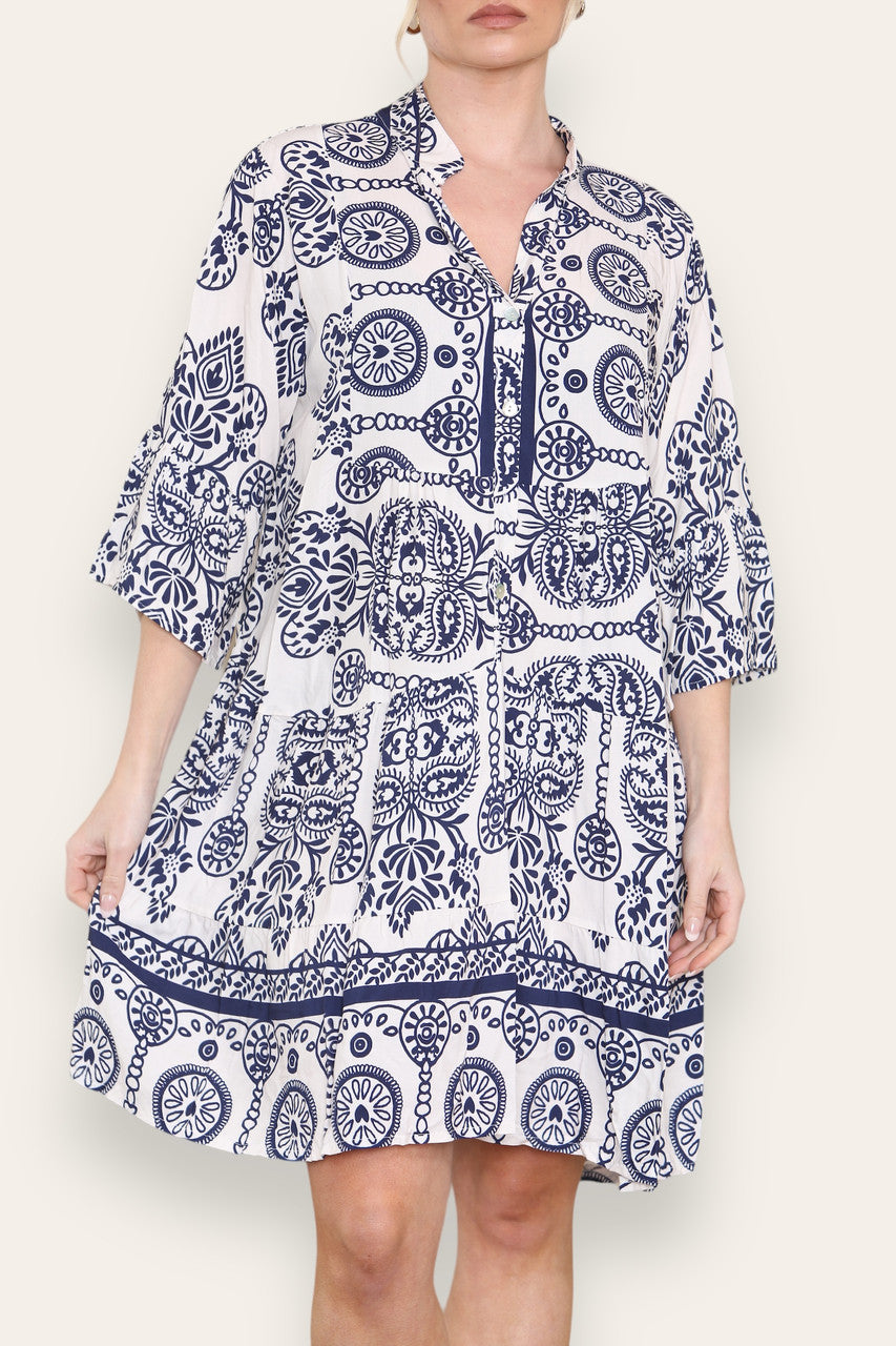 GRECIAN PRINT SHIRT DRESS NAVY
