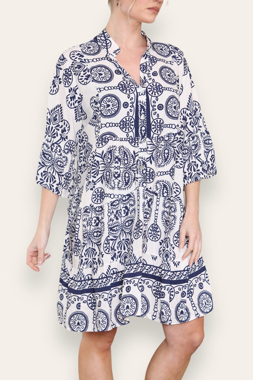 GRECIAN PRINT SHIRT DRESS NAVY