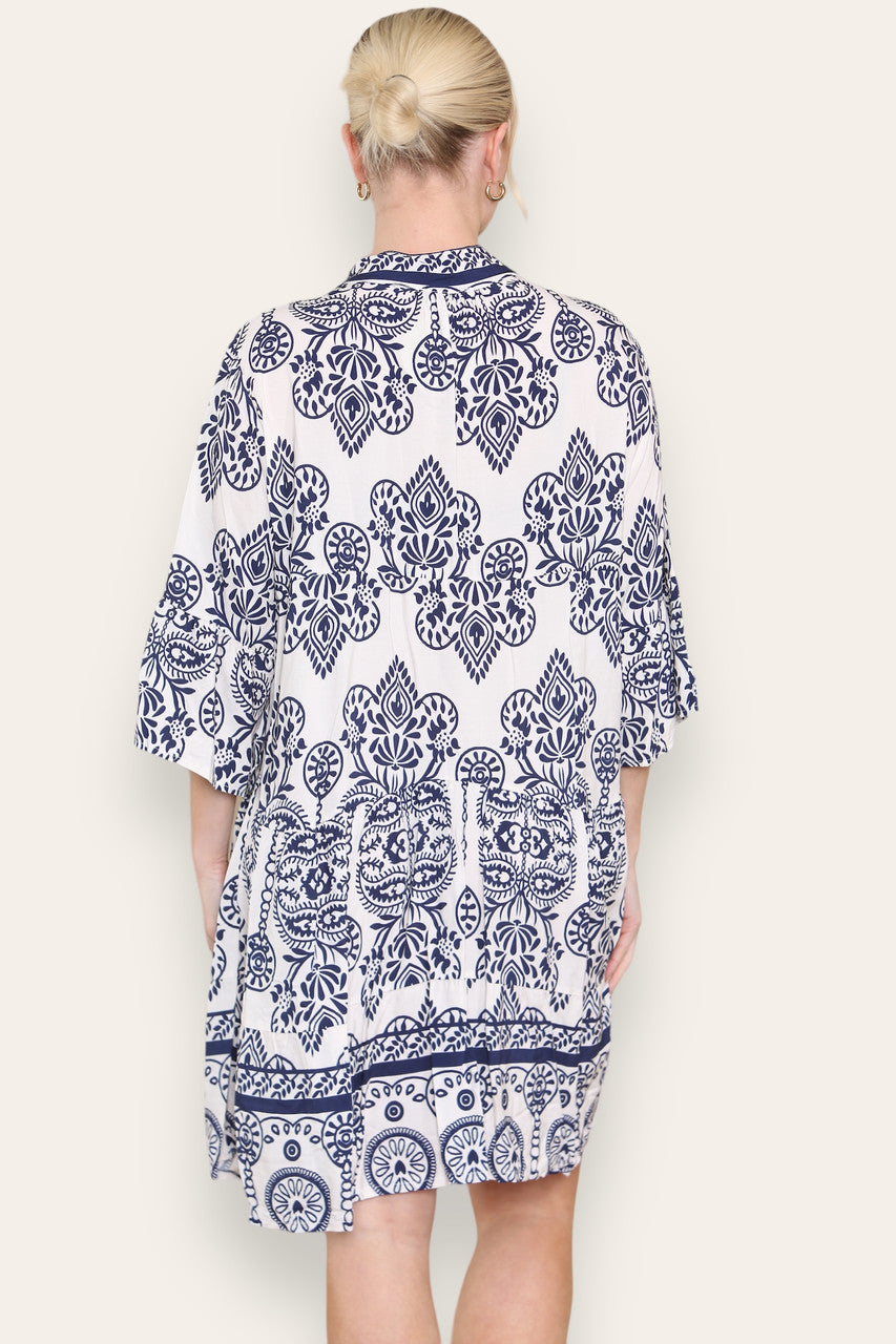 GRECIAN PRINT SHIRT DRESS NAVY