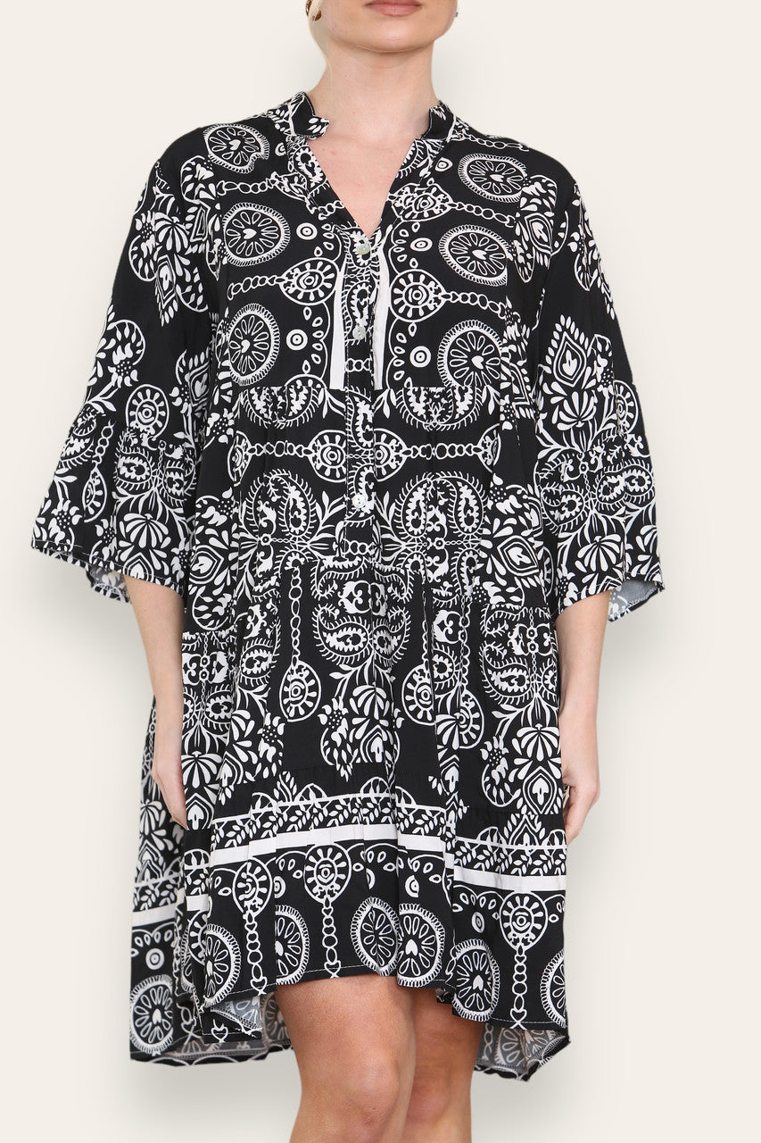 GRECIAN PRINT SHIRT DRESS BLACK