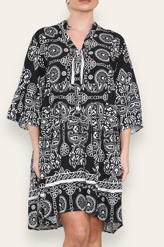 GRECIAN PRINT SHIRT DRESS BLACK