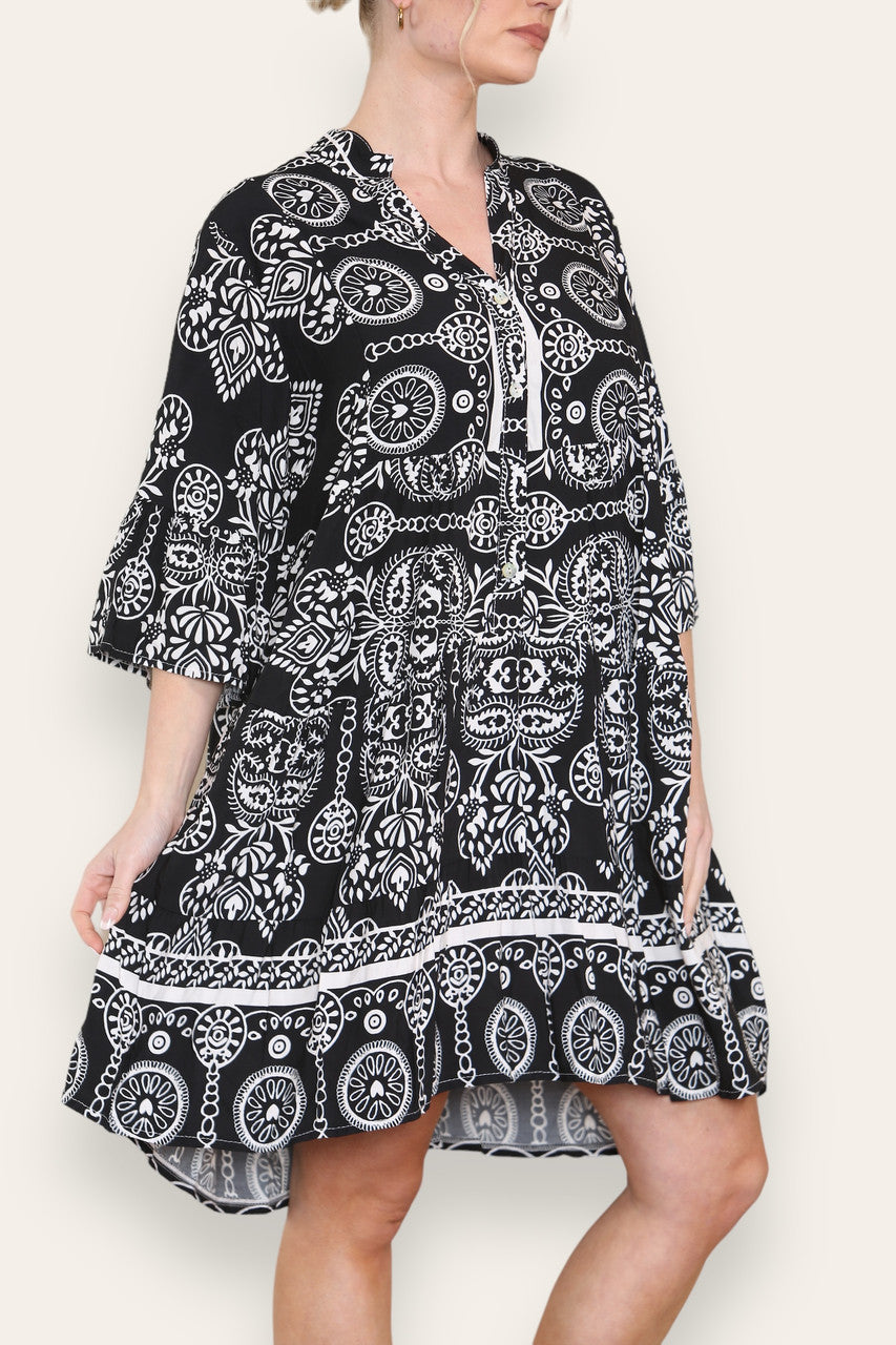 GRECIAN PRINT SHIRT DRESS BLACK