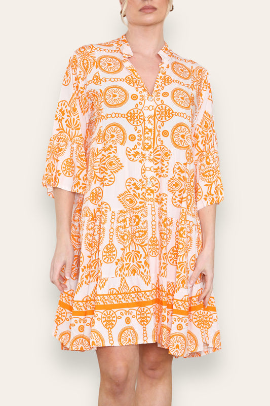 GRECIAN PRINT SHIRT DRESS ORANGE
