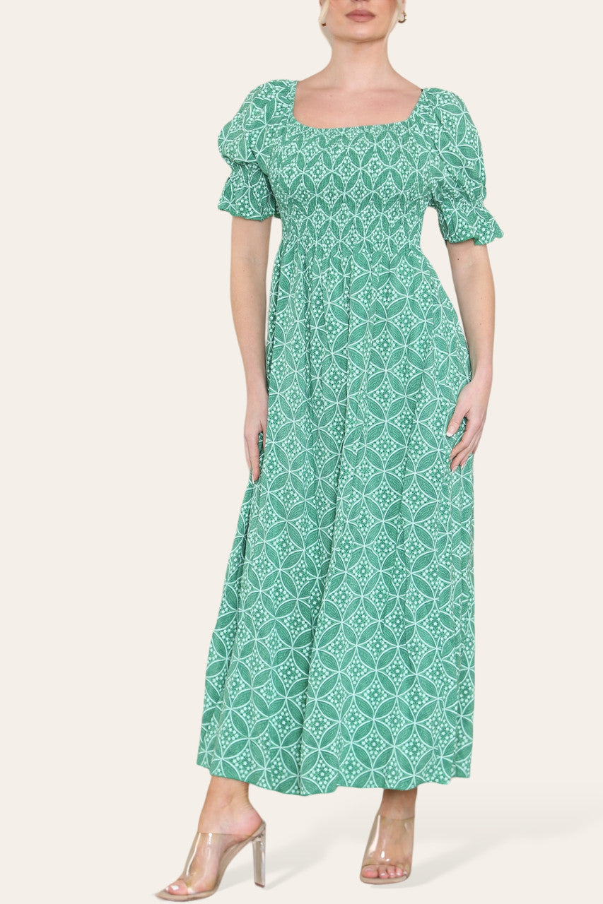 DAKKIGE GEOMETRISCHE BLOEMEN BARDOT MAXIJURK GROEN