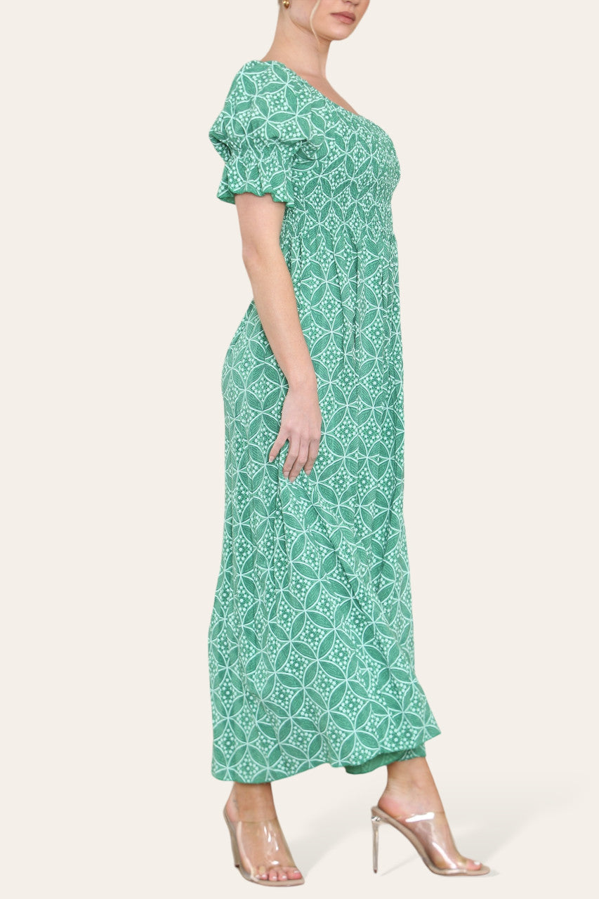 DAKKIGE GEOMETRISCHE BLOEMEN BARDOT MAXIJURK GROEN