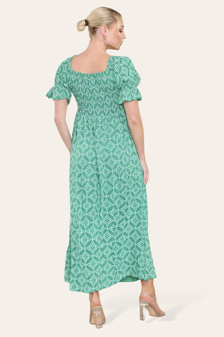 DAKKIGE GEOMETRISCHE BLOEMEN BARDOT MAXIJURK GROEN