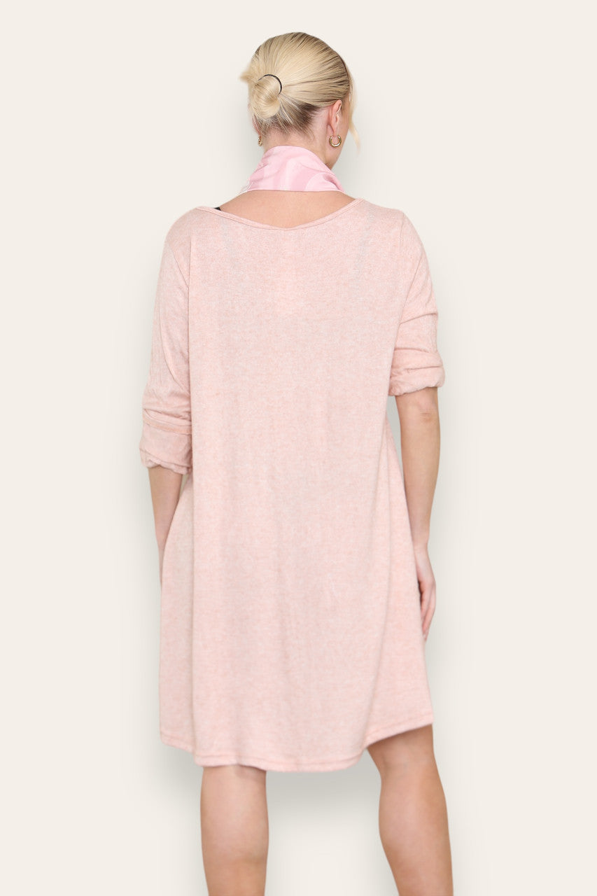 PLAIN FINE KNIT DRESS WITH PRINTED SILKY SCARF DUSTY PINK