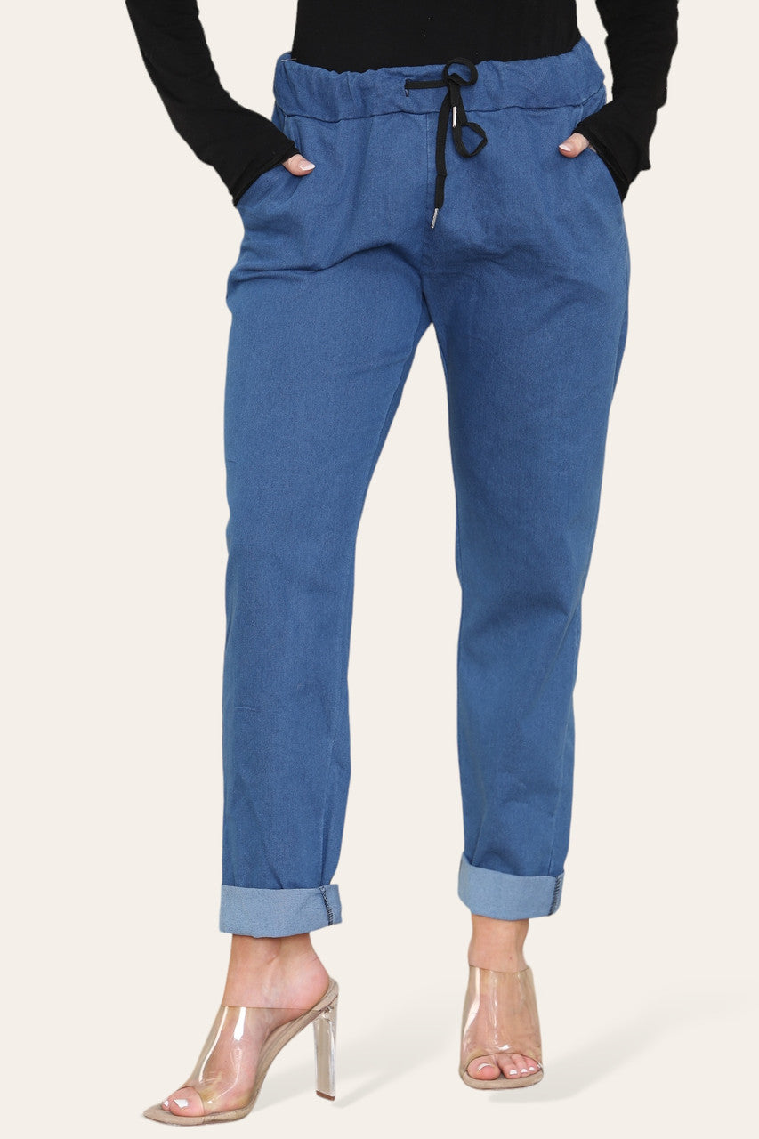 DRAWSTRING WAIST STRETCH STYLE JEAN TROUSERS DENIM