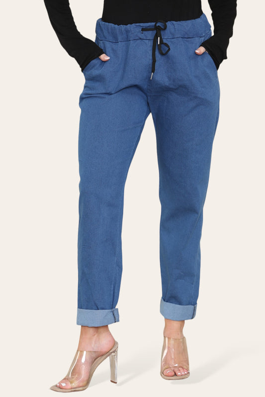 TREKKOORD IN DE TAILLE STRETCH JEANS BROEK DENIM