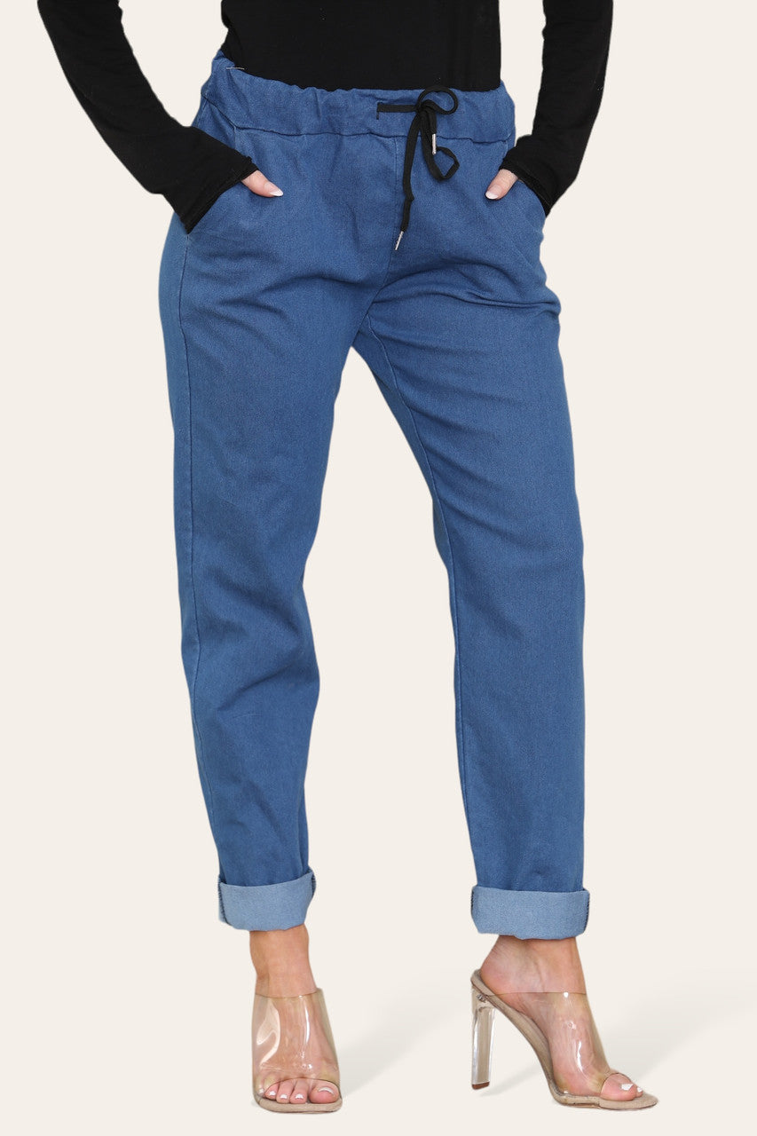 DRAWSTRING WAIST STRETCH STYLE JEAN TROUSERS DENIM