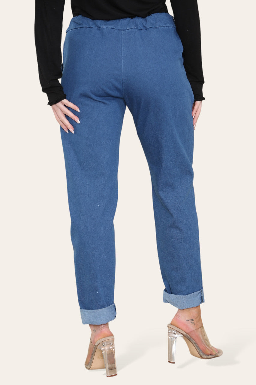 DRAWSTRING WAIST STRETCH STYLE JEAN TROUSERS DENIM