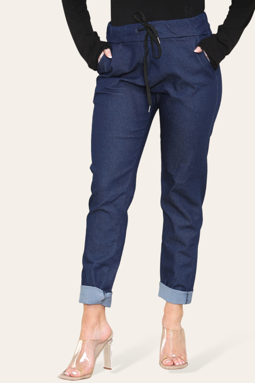 DRAWSTRING WAIST STRETCH STYLE JEAN TROUSERS DARK DENIM