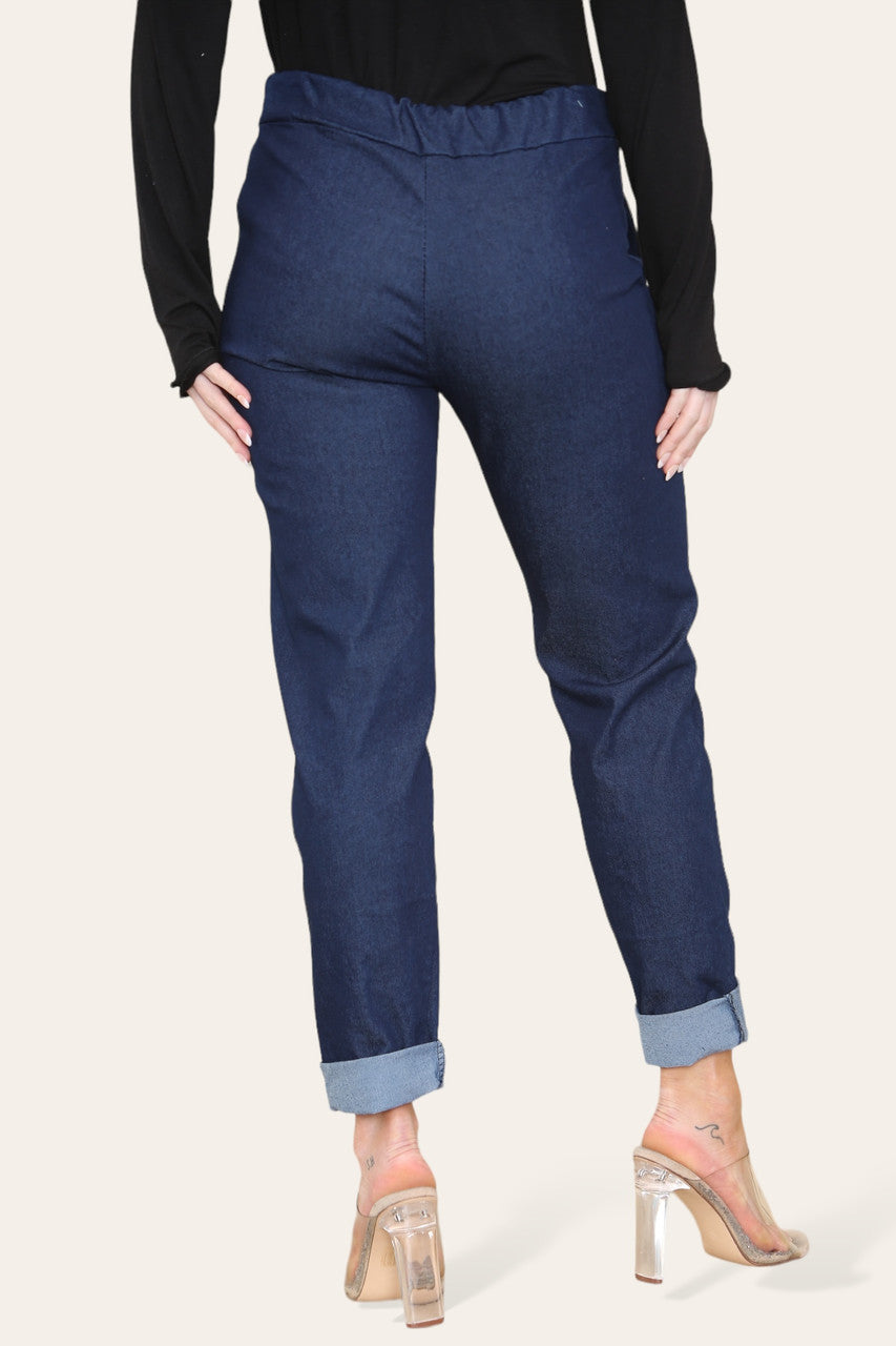 DRAWSTRING WAIST STRETCH STYLE JEAN TROUSERS DARK DENIM